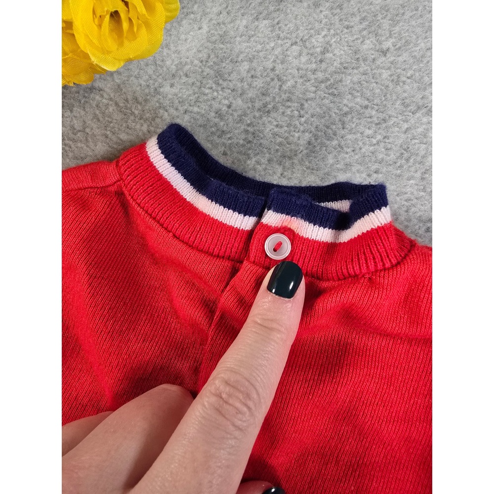 Vintage 70s Baby Boy Red Cardigan Navy Blue Pants Set Sport Football Detail 6-9m - Picture 4 of 16